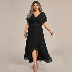 Elegant 👗 Short Sleeves A-Line Waist Applique Formal Dress with Lotus Leaf Hem